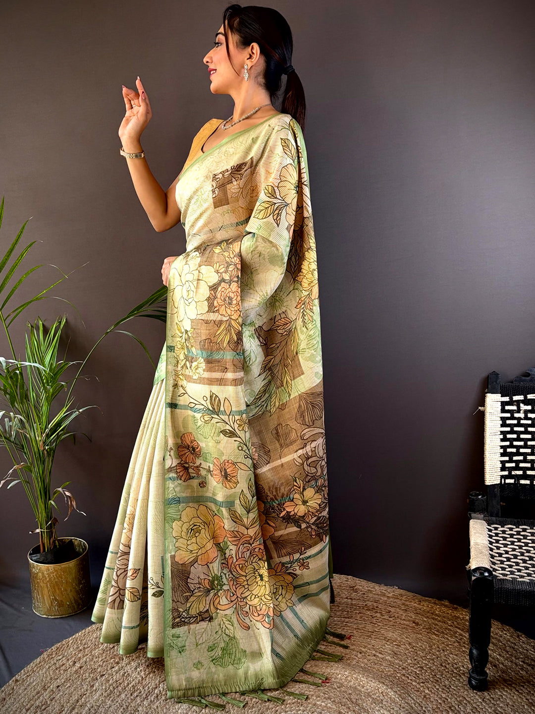 Mint Green Tussar Floral Saree