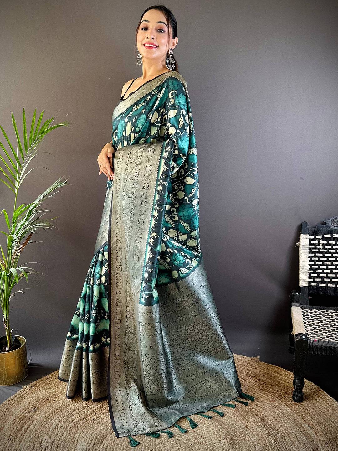 Ocean Teal Soft Silk Kalamkari Saree