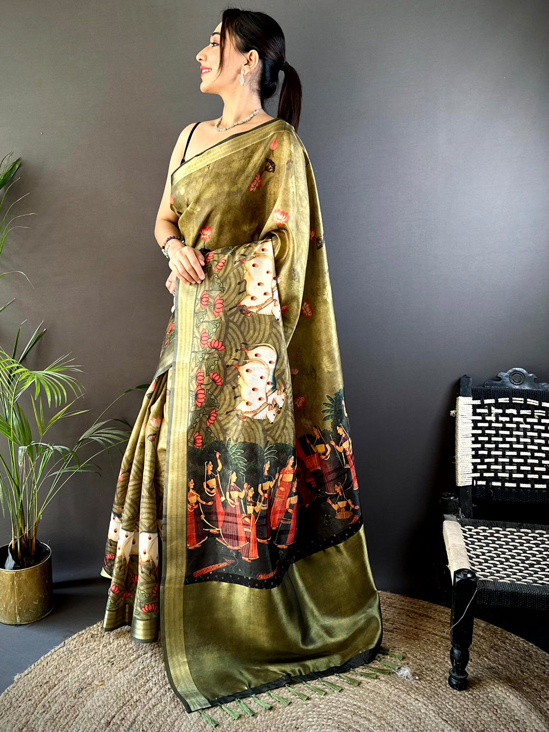 Olive Soft Silk Tissue Pichwai Print Saree