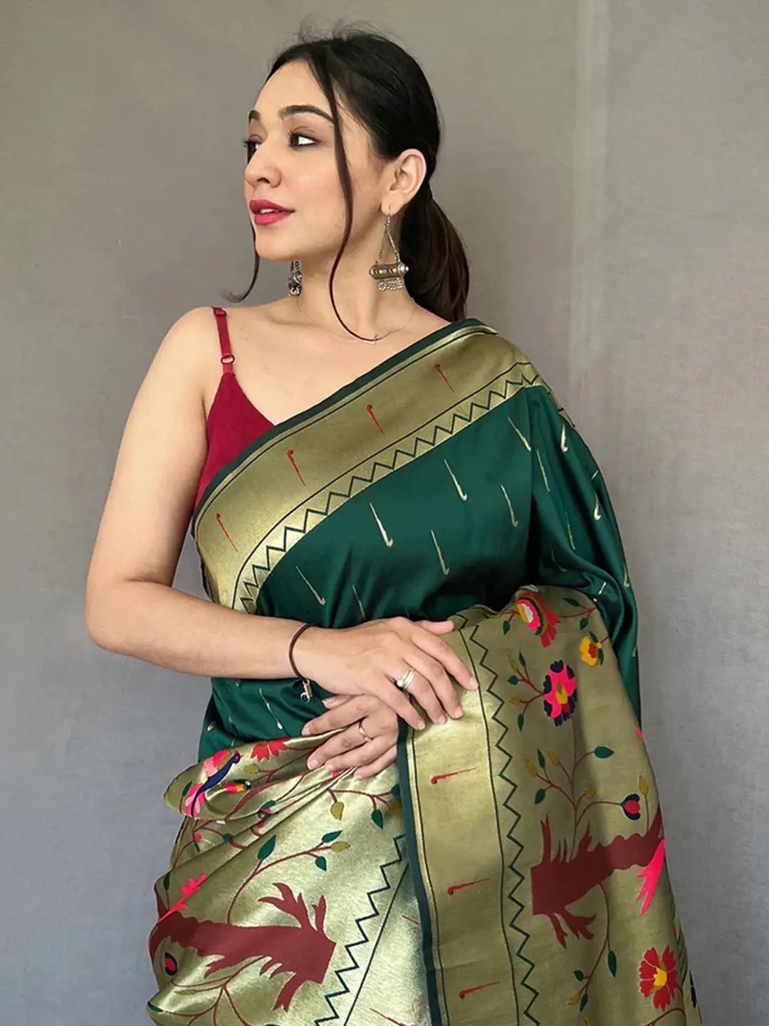 Bottle Green Paithani Cotton Saree