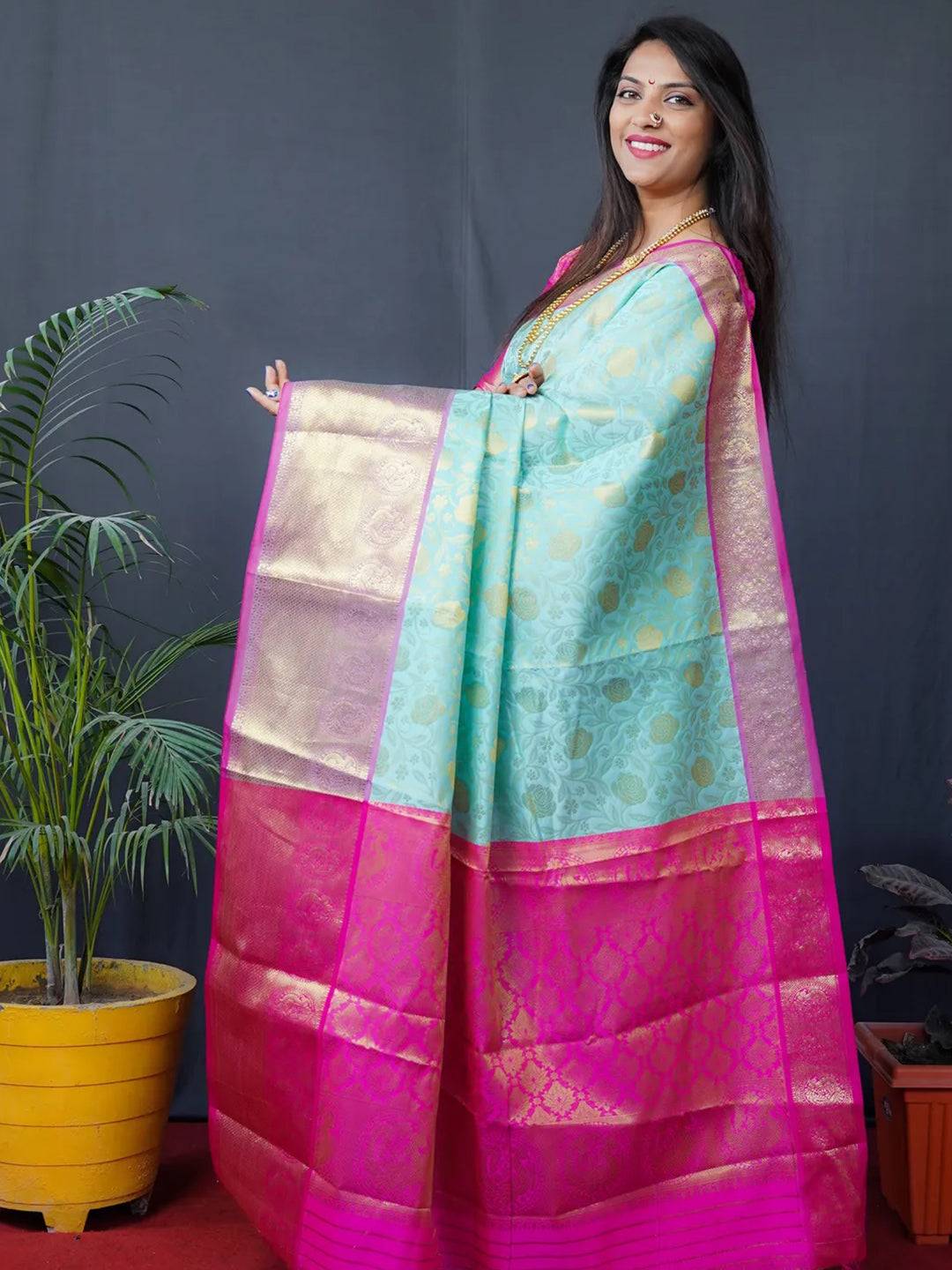 Aqua Floral Zari Banarasi Kanjivaram Silk Saree