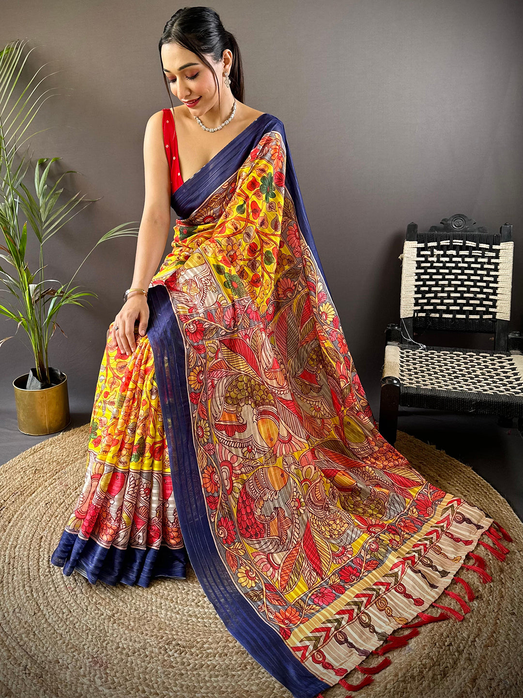 Sunshine Yellow Pen Kalamkari Linen Saree