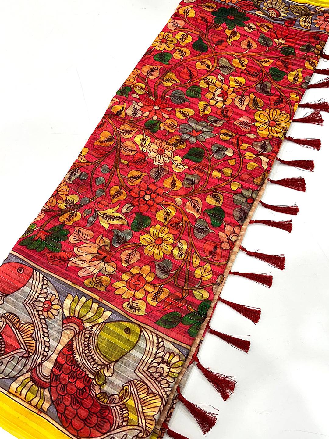 Rose Red Pen Kalamkari Linen Saree