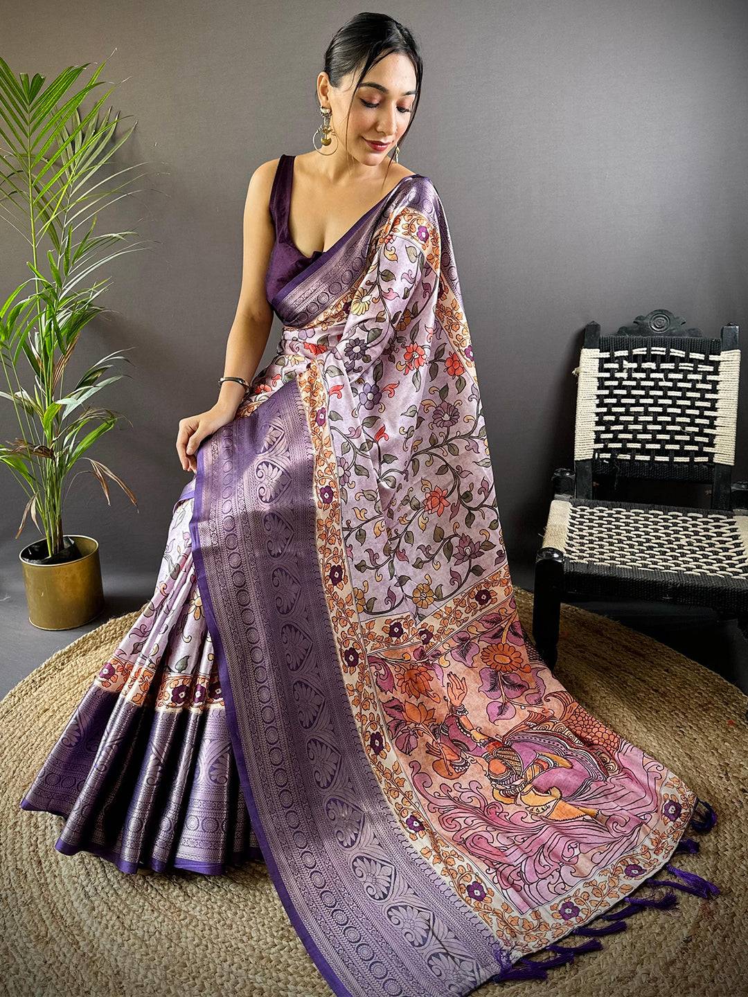 Lilac Floral Kalamkari Print Saree