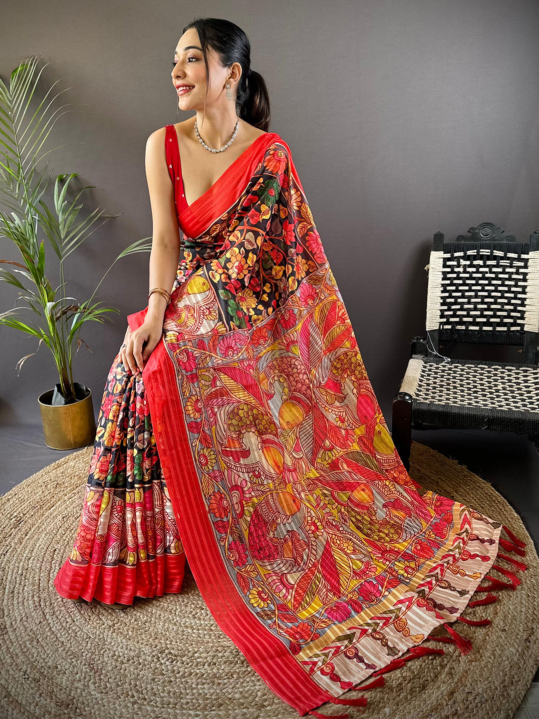 Raven Black Pen Kalamkari Linen Saree