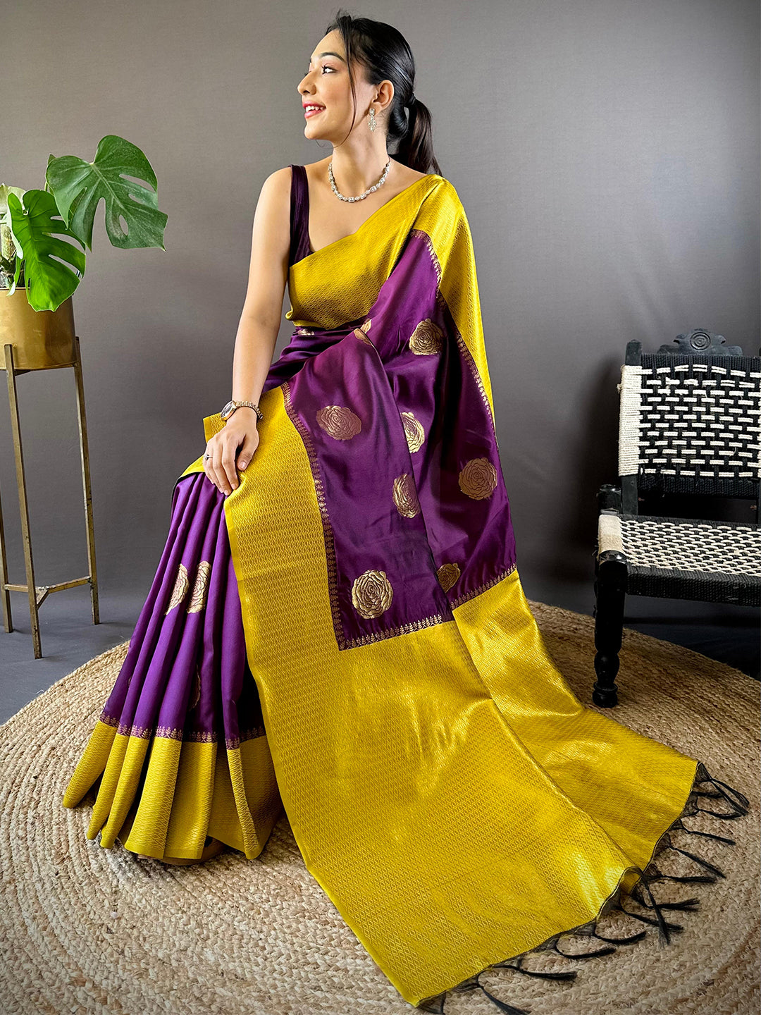 Wine Elegance With Golden Motifs Saree