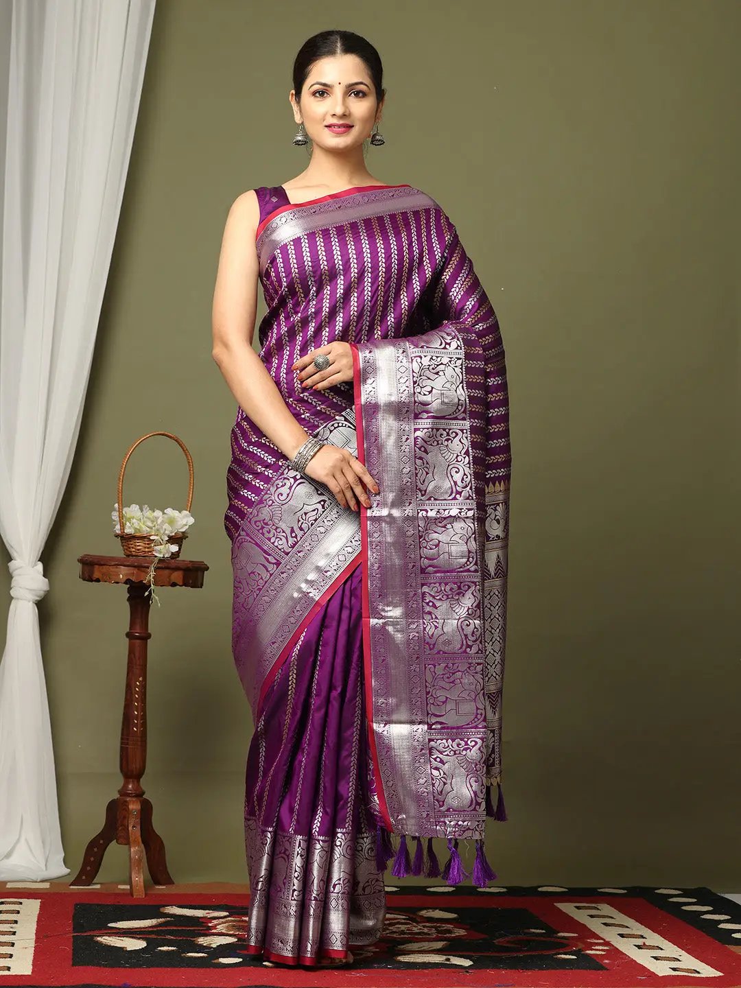 Striped Woven Design Zari Silk Blend Banarasi Saree