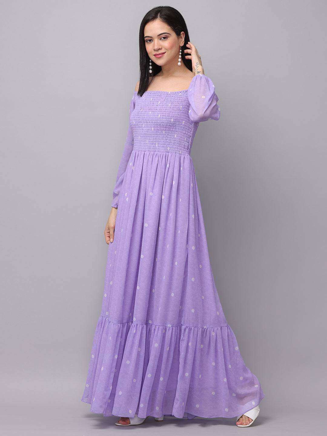 Lilac polka dot smocked maxi dress side view