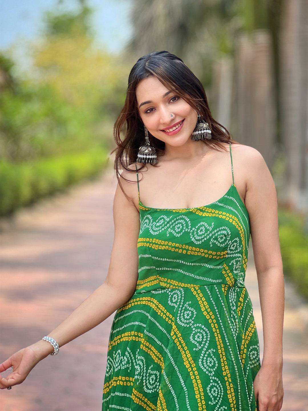 Close-up of Forest Green Bandhej Print Dress