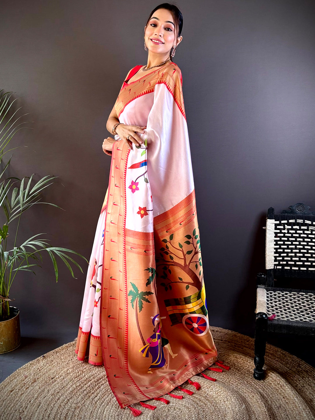 White Minakari Soft Silk Bird Print Saree