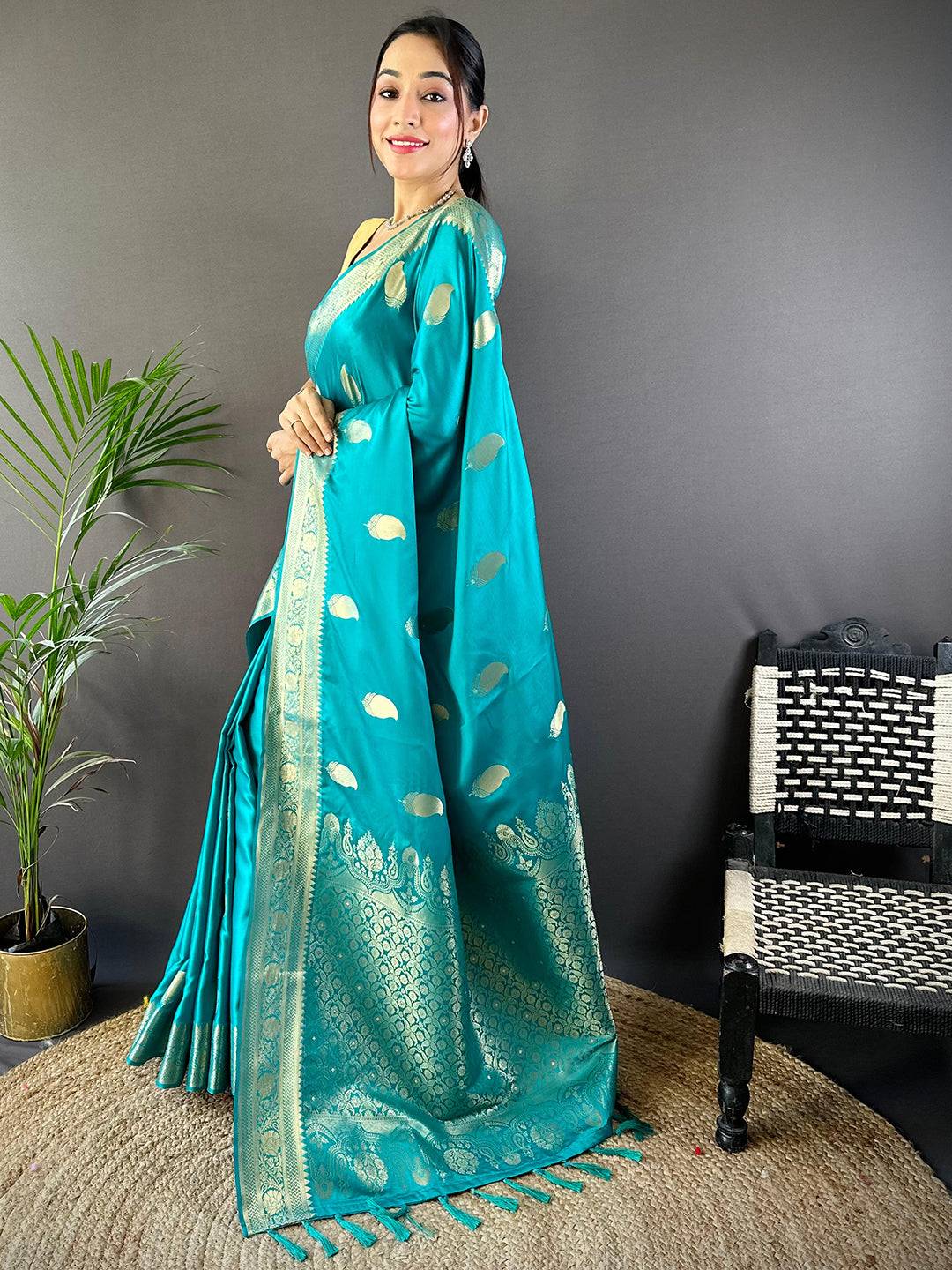 Aqua Banarasi Soft Satin Masru Mango Silk Saree