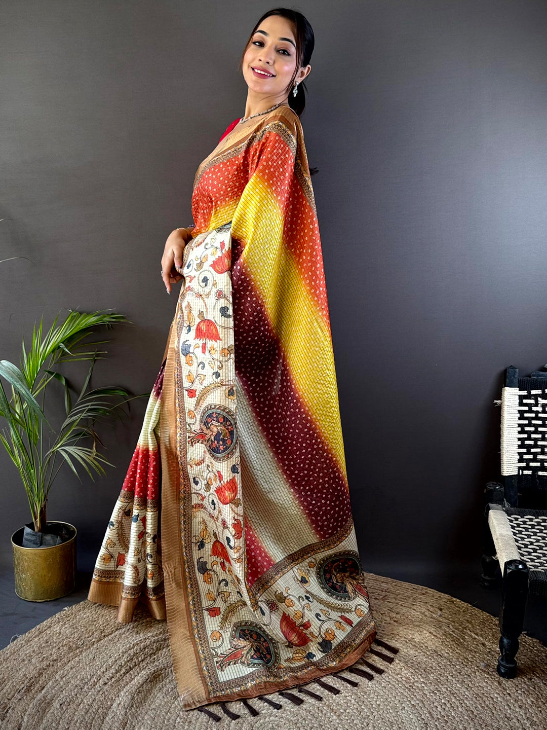 Stylish Silk Blend Bandhani Print Saree with a fusion of vibrant colors and delicate prints, ideal for parties and celebrations.