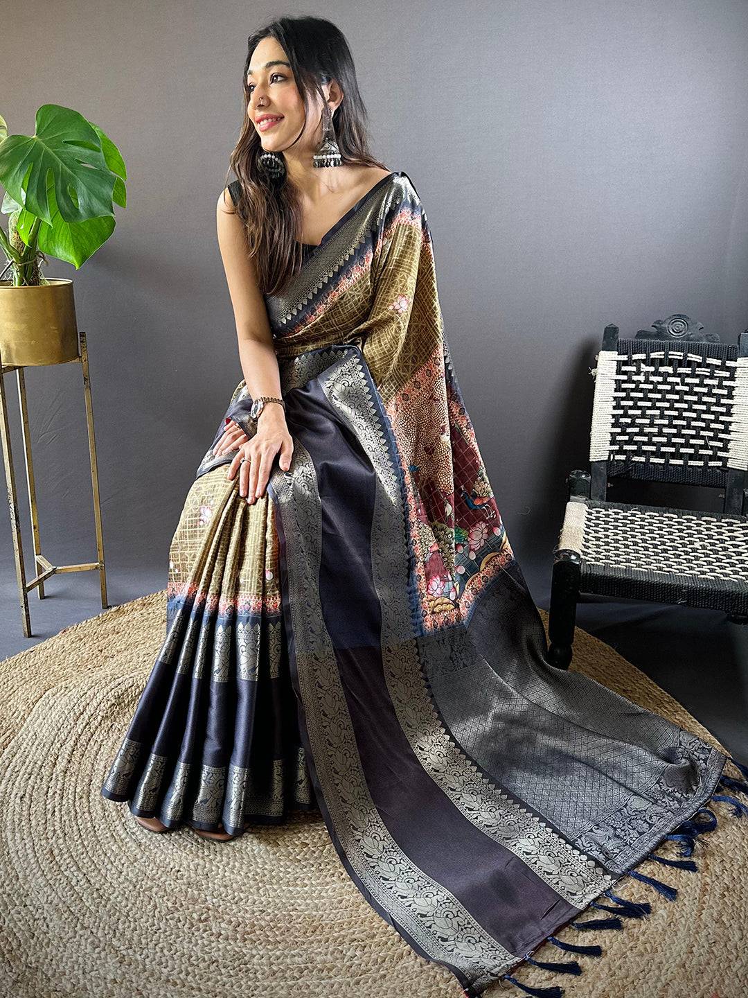 Olive Banarasi Pichwai Print Saree