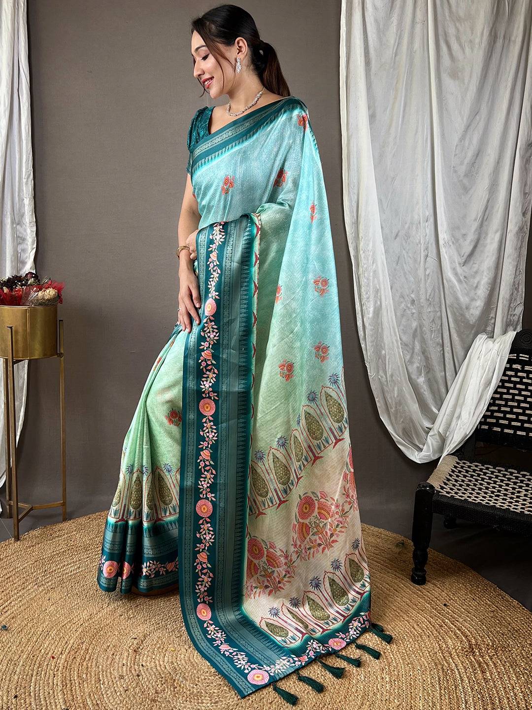 Poppy Blue Kota Satin Border Saree