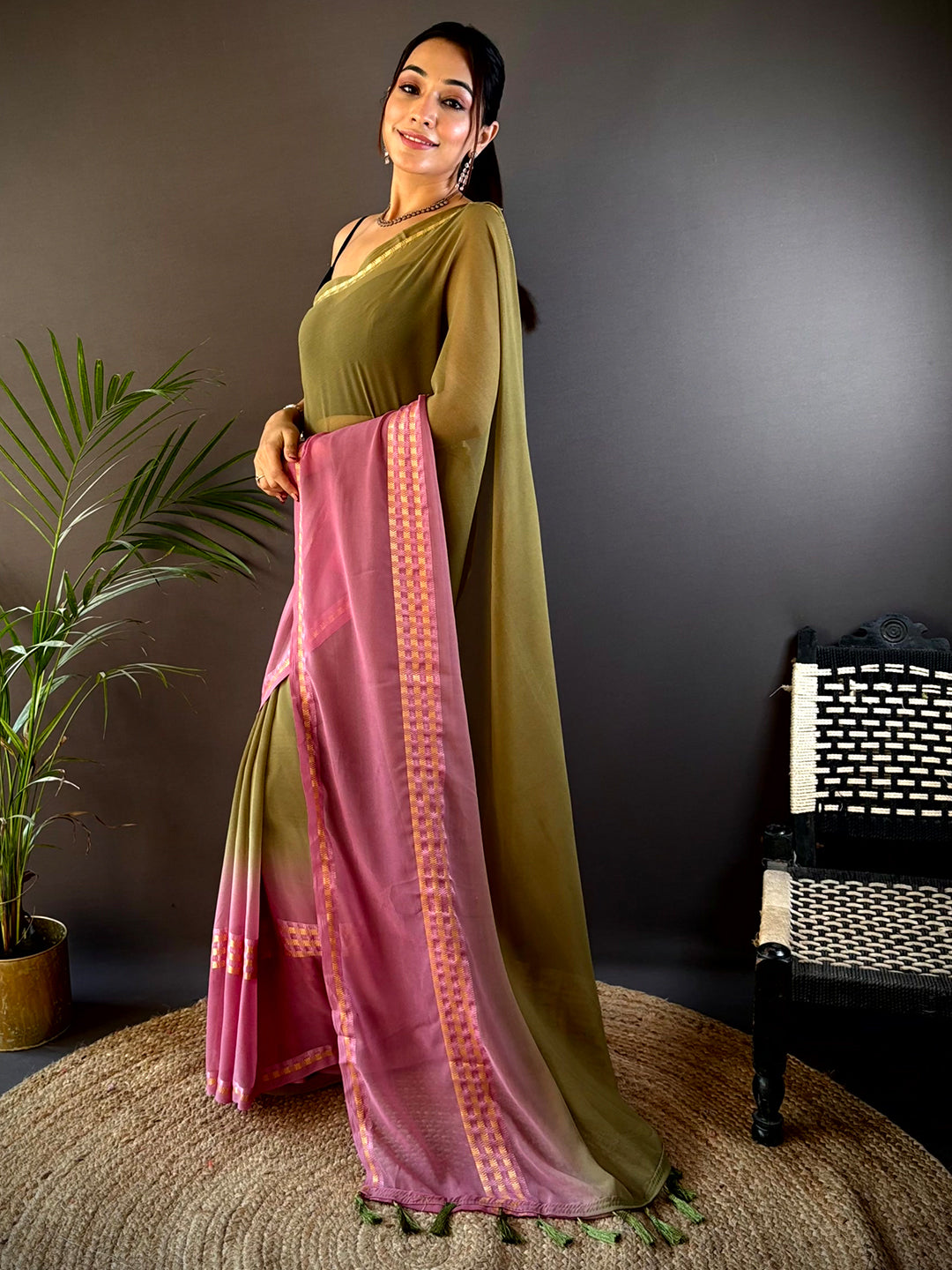 Olive Soft Georgette Concept Colour Saree