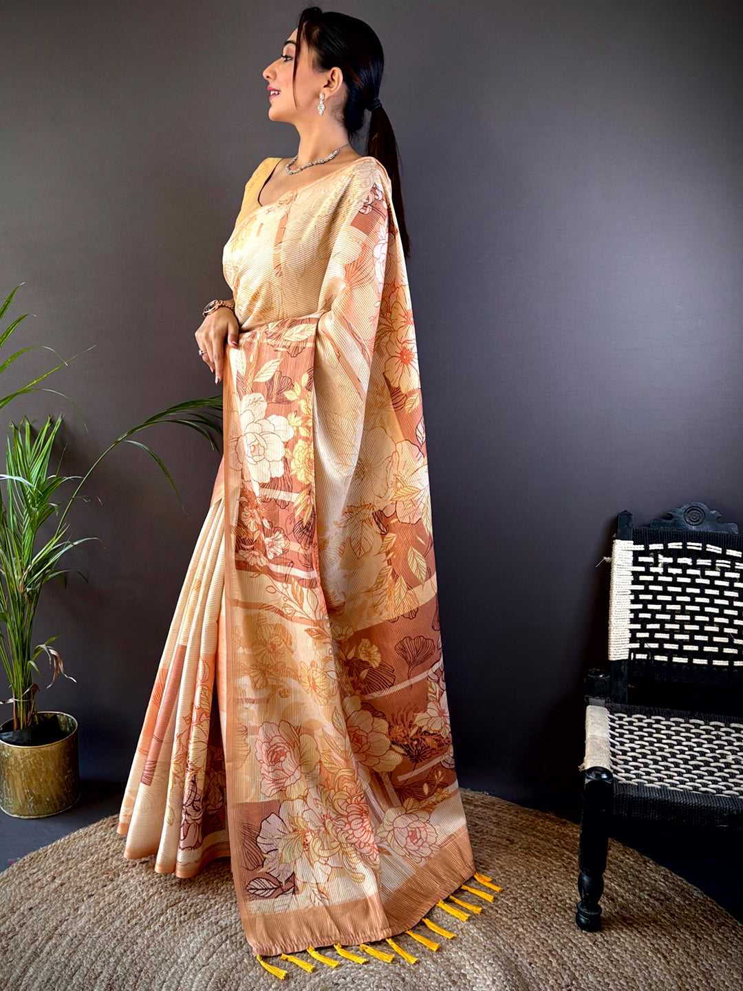 Mustard Tussar Floral Saree