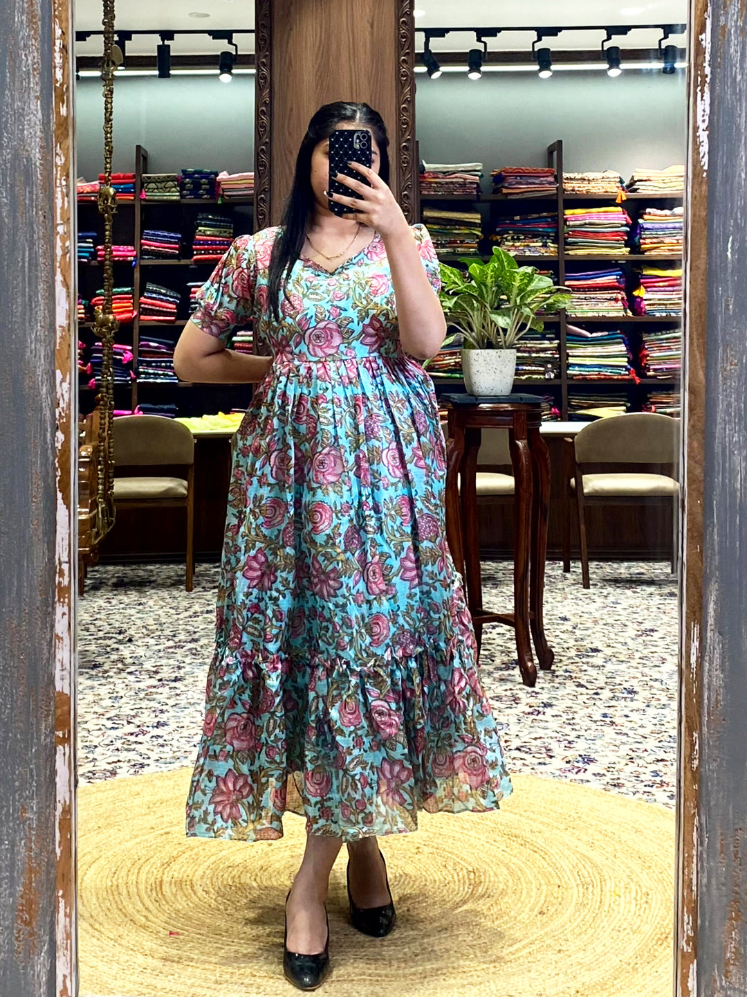 Middle Blue Floral Print Midi Dress