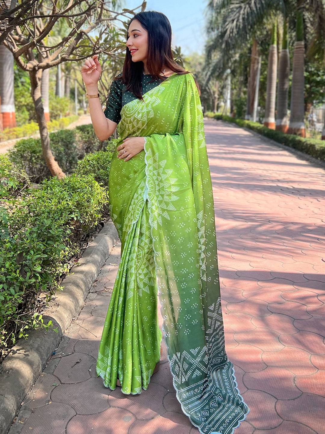 Georgette Silk Saree with Ombre Bandhej Print & Stone Work