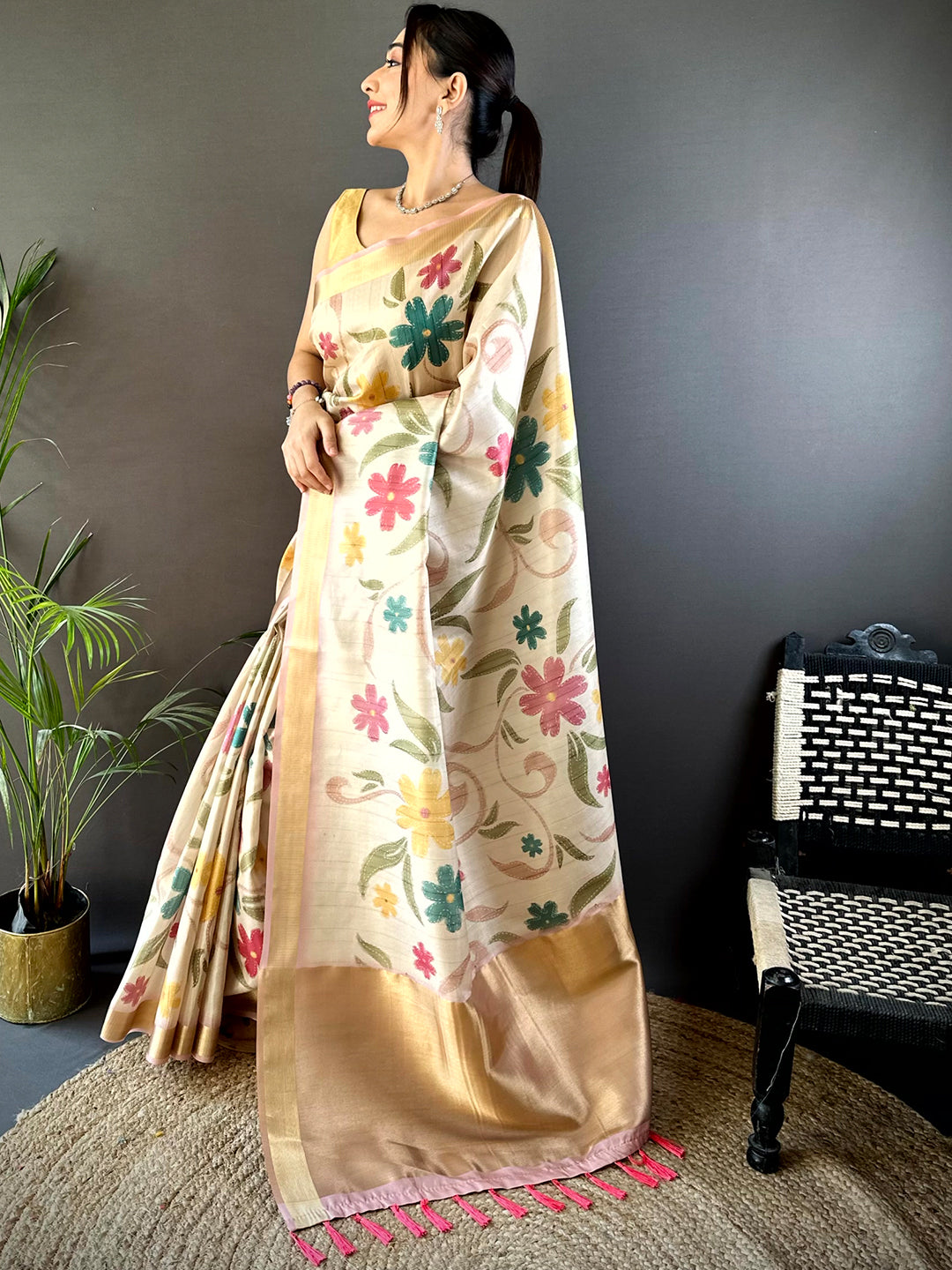 Light Cream Soft Silk Tissue Floral Print Saree