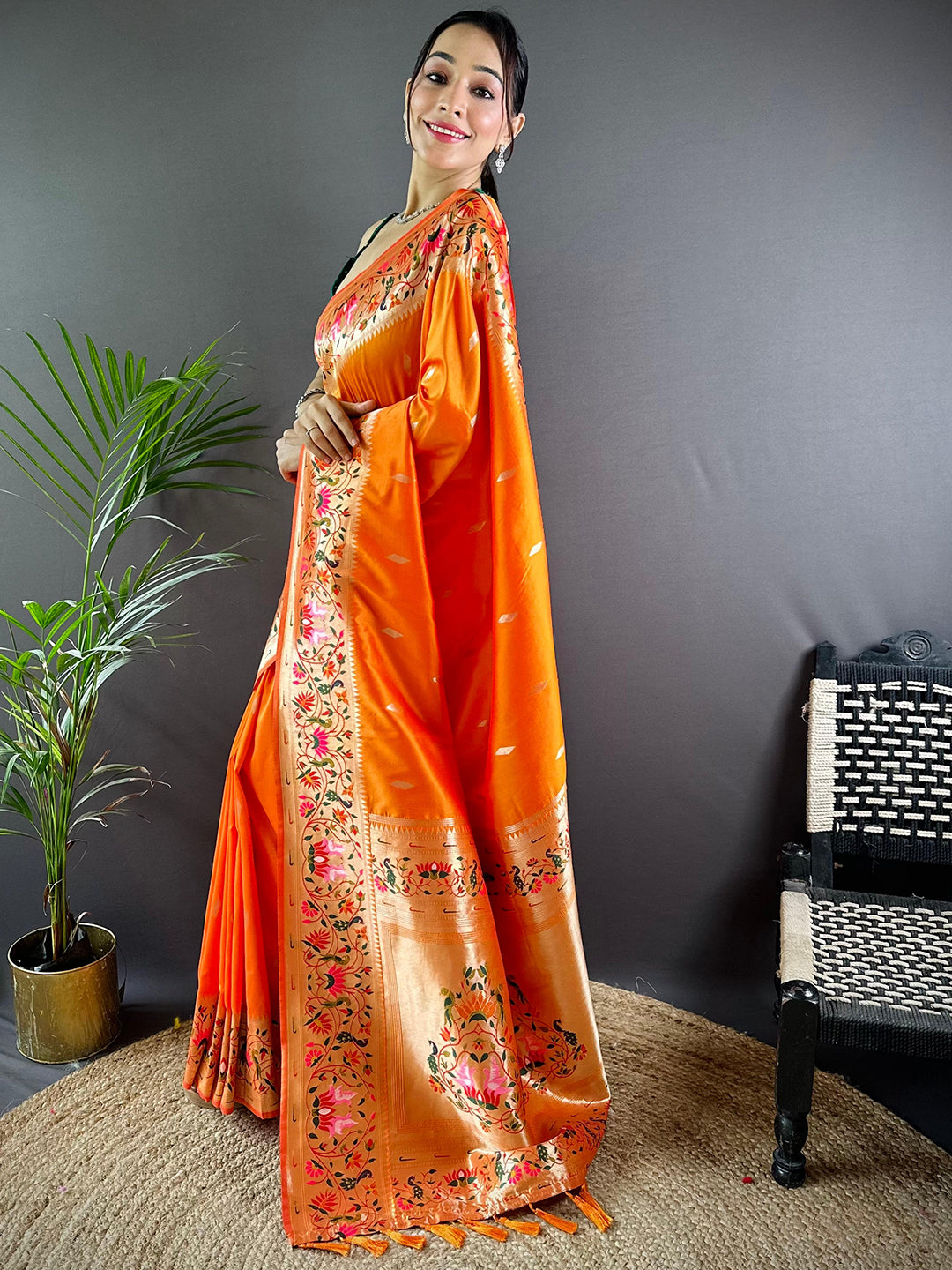 Orange Yevla Paithani Meenakari Saree