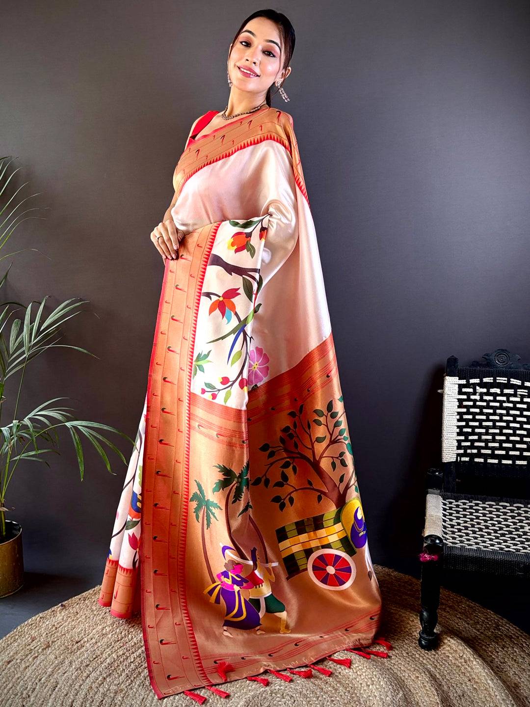 Snow White Minakari Soft Silk Saree