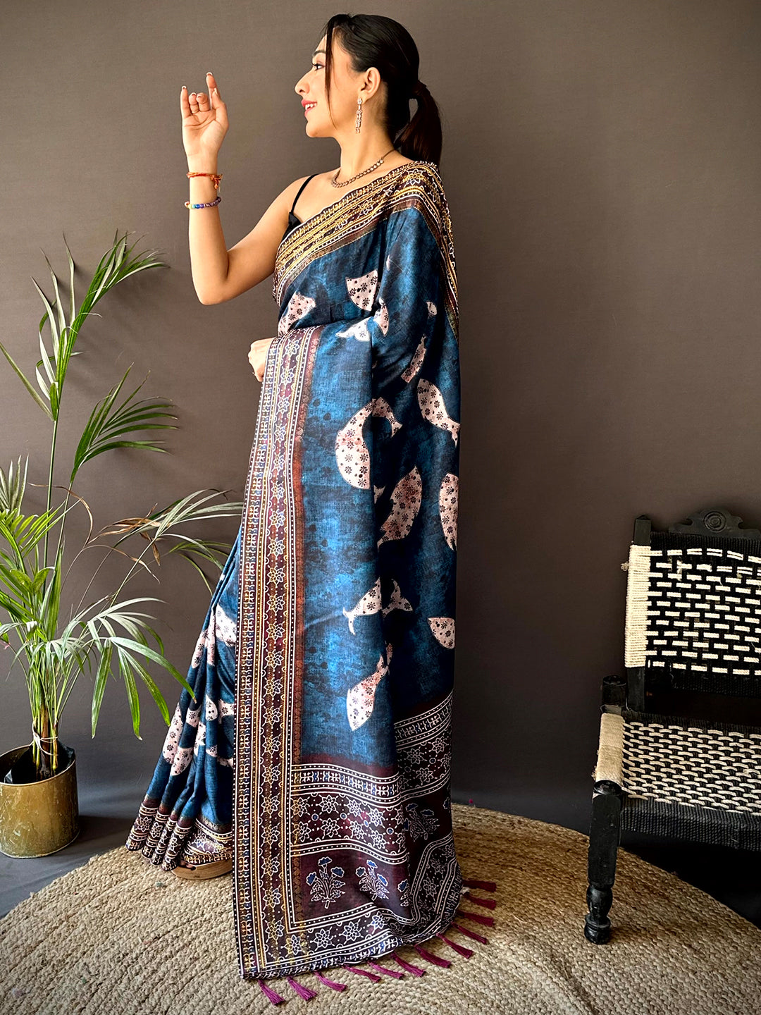 Dark Blue Soft Silk Fish Kalamkari Saree