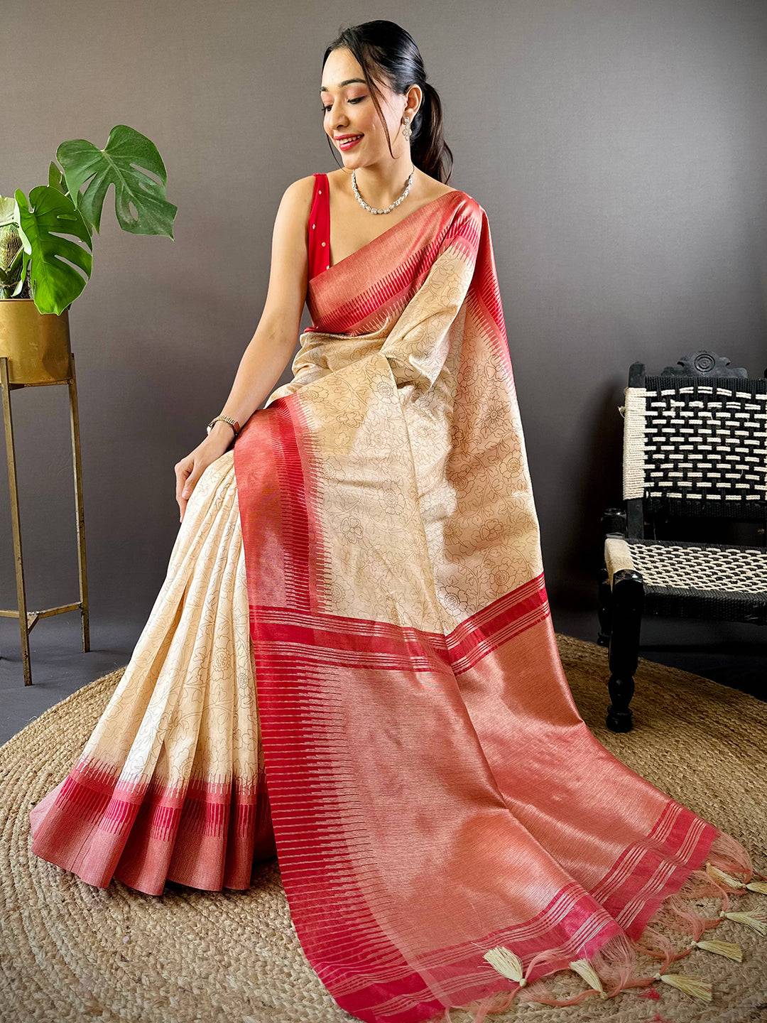 Beige Floral Tussar Silk Saree