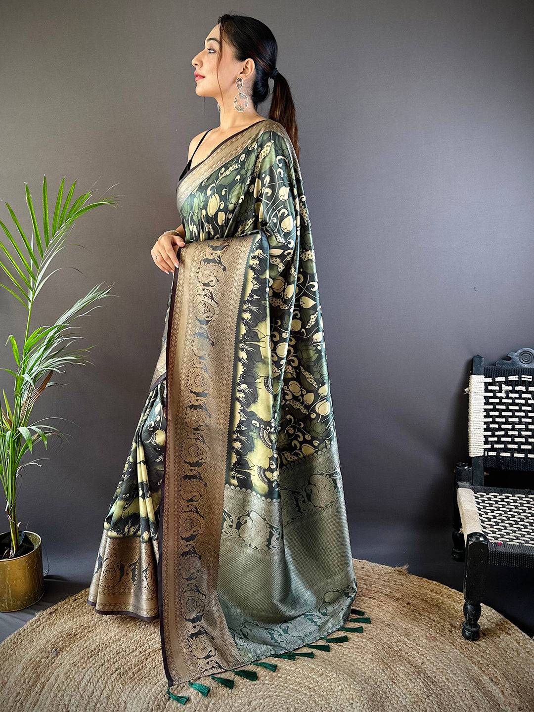 Bottle Green Soft Silk Kalamkari Saree