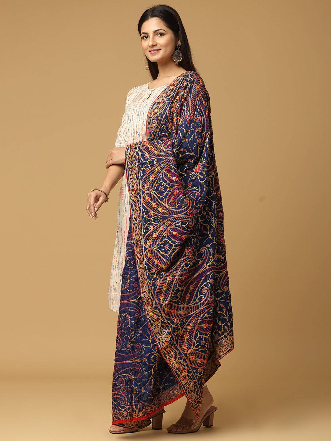 Navy poly chiffon dupatta with pashmina threadwork, side view