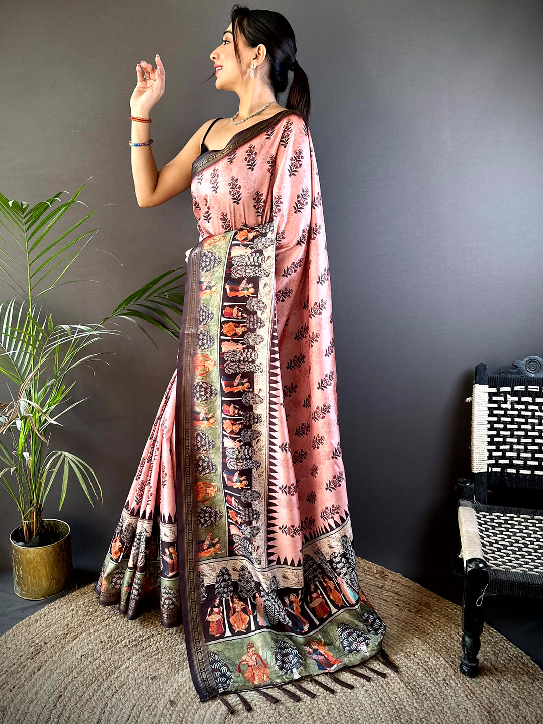 Pink Soft Silk Bird Kalamkari Print Saree