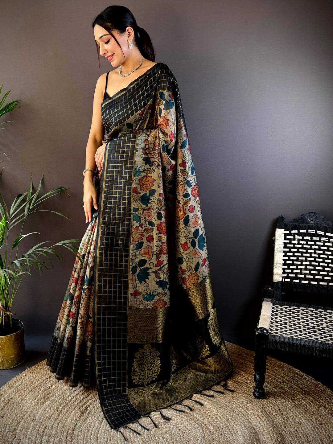 Black Soft Silk Kalamkari Printed Saree