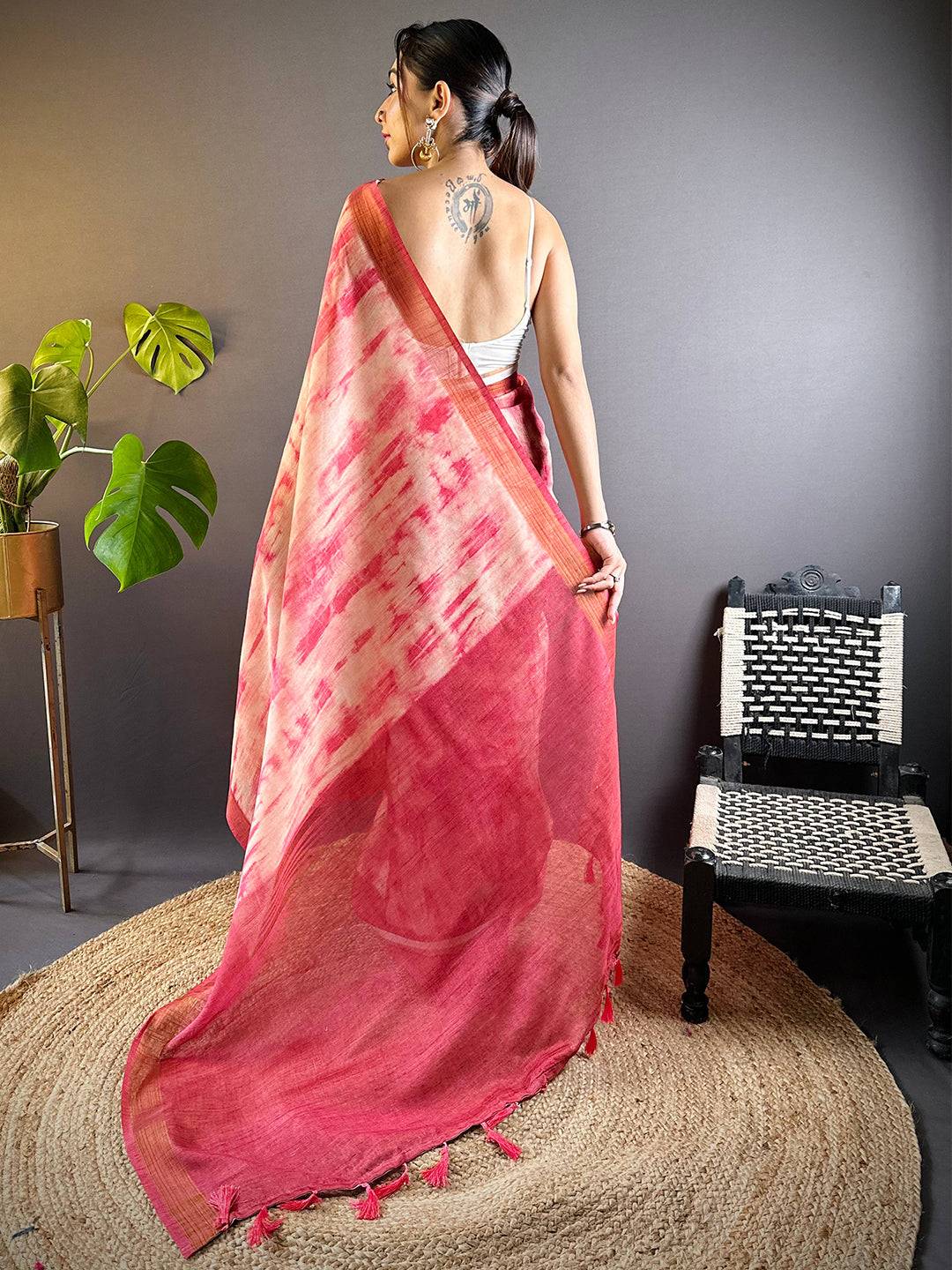 Blush Pink Shibori Print Linen Saree