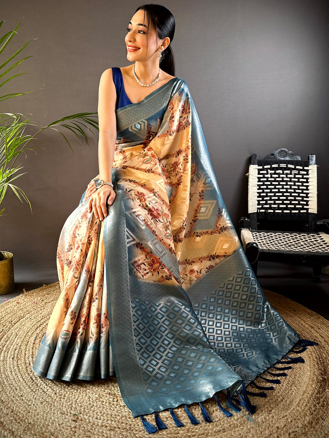 Blue Banarasi Ombre Floral Print Saree