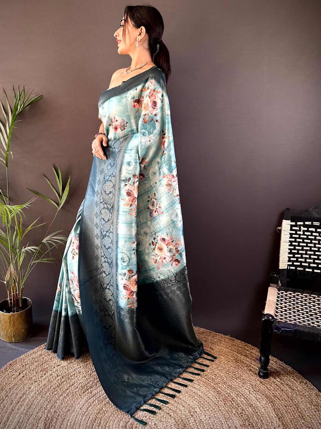 Teal Kanjivaram Digital Silk Saree