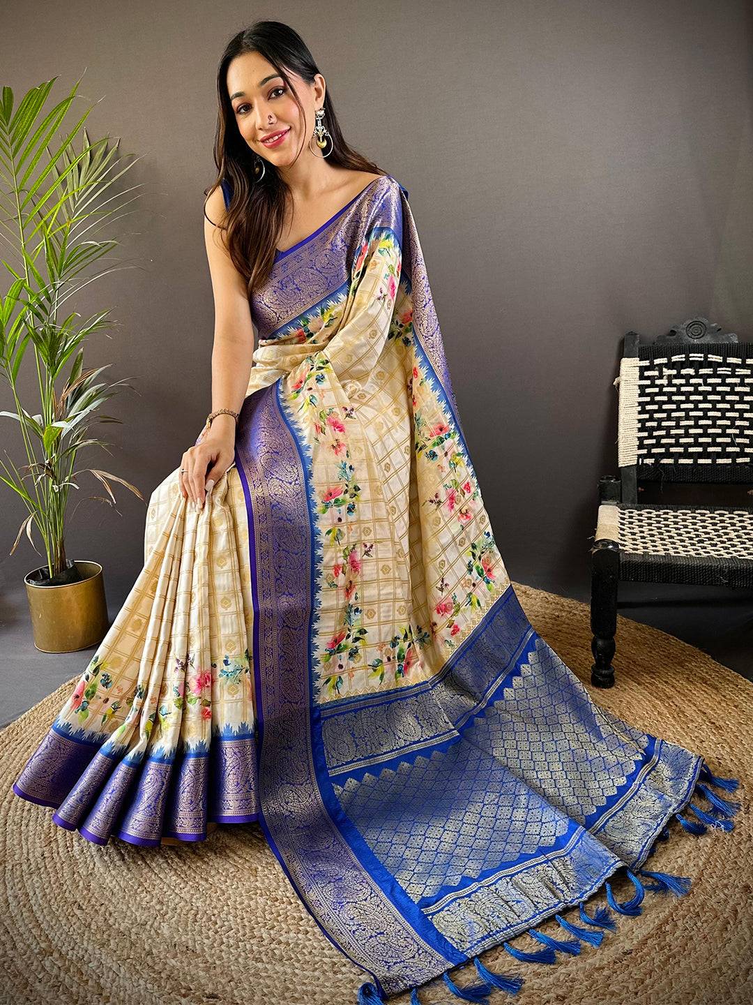 Blue Kovai Rettapet Border Digital Print Saree