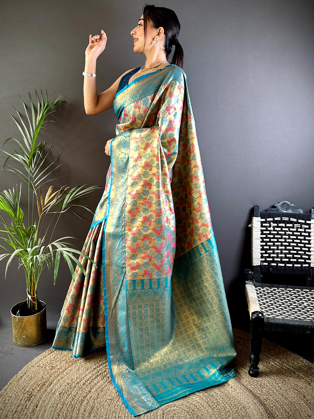 Serene Rama Floral Dharmavaram Silk Saree