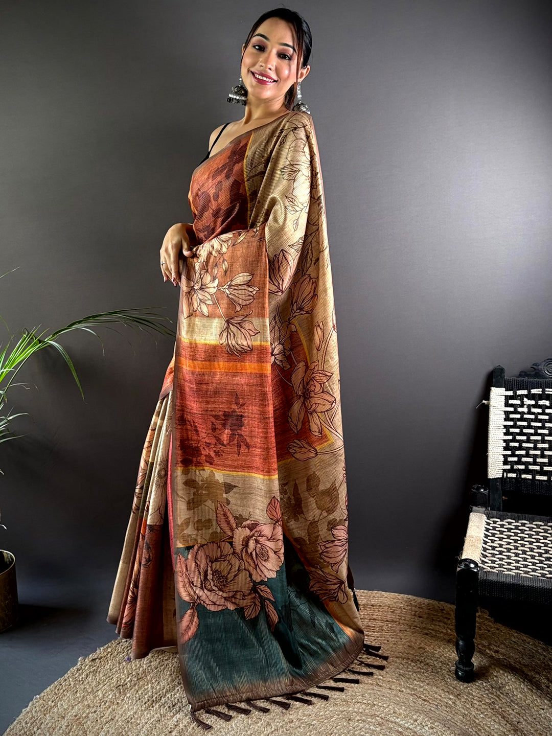 Coffee Brown Semi Gold Zari Tussar Saree