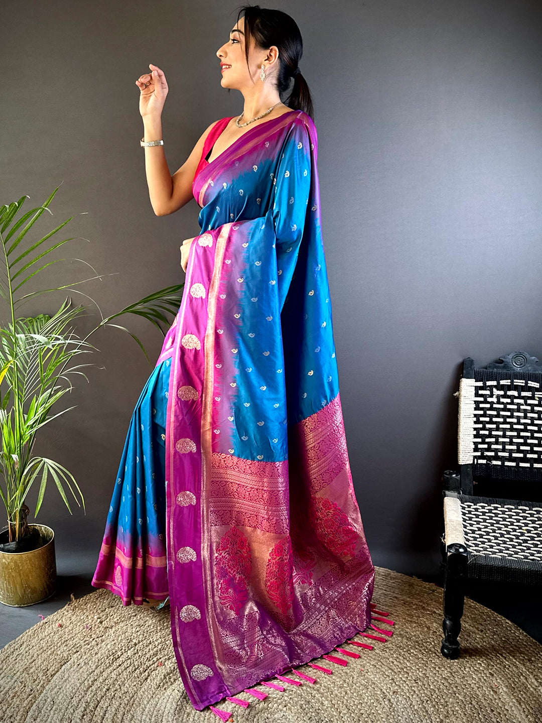 Blue Cationic Soft Silk Saree