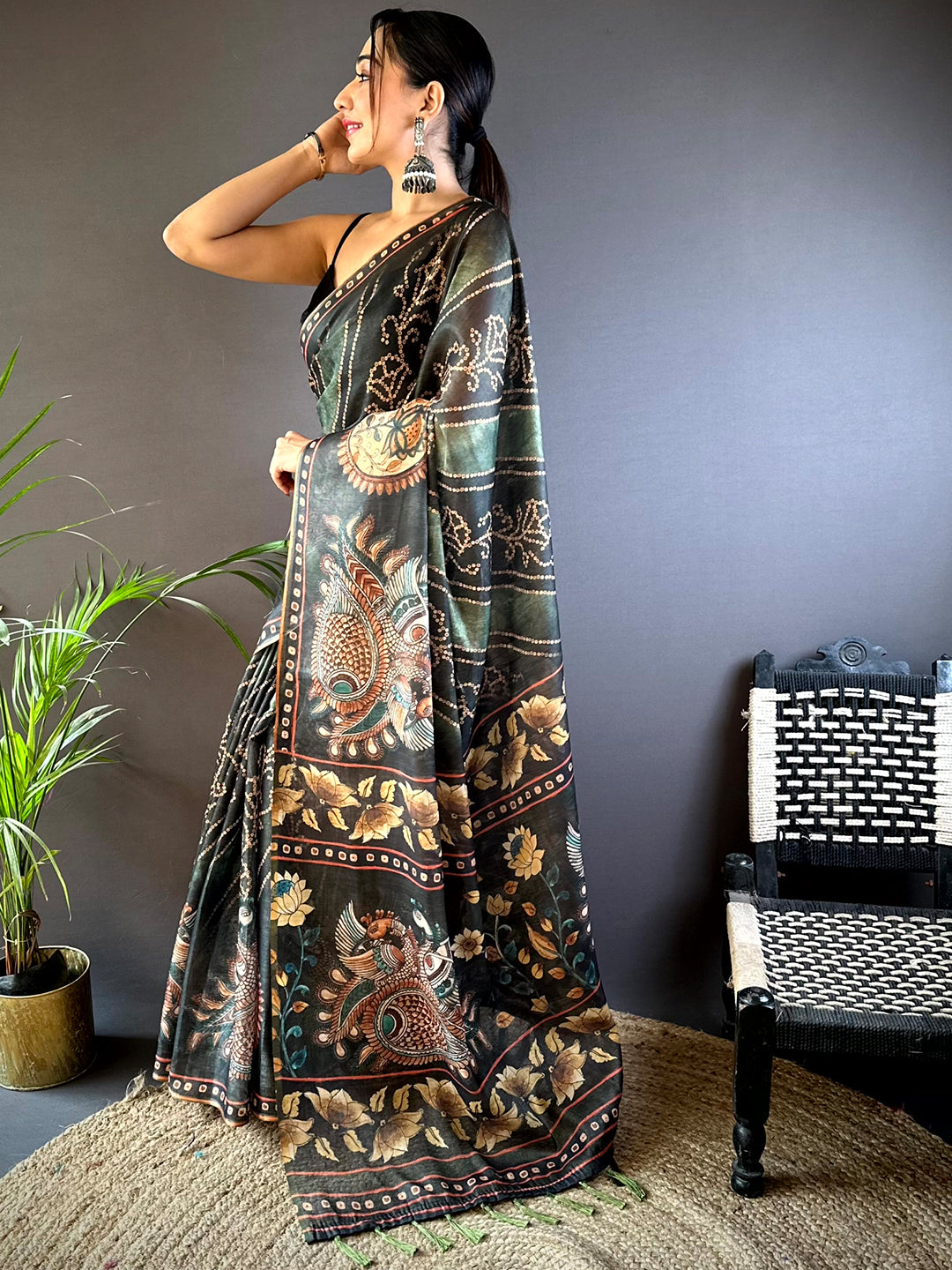 Green Bandhej Digital Print Saree