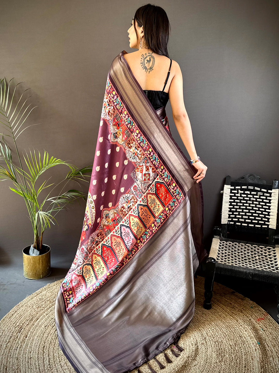 Wine Mughal Kalamkari Print Pashmina Saree