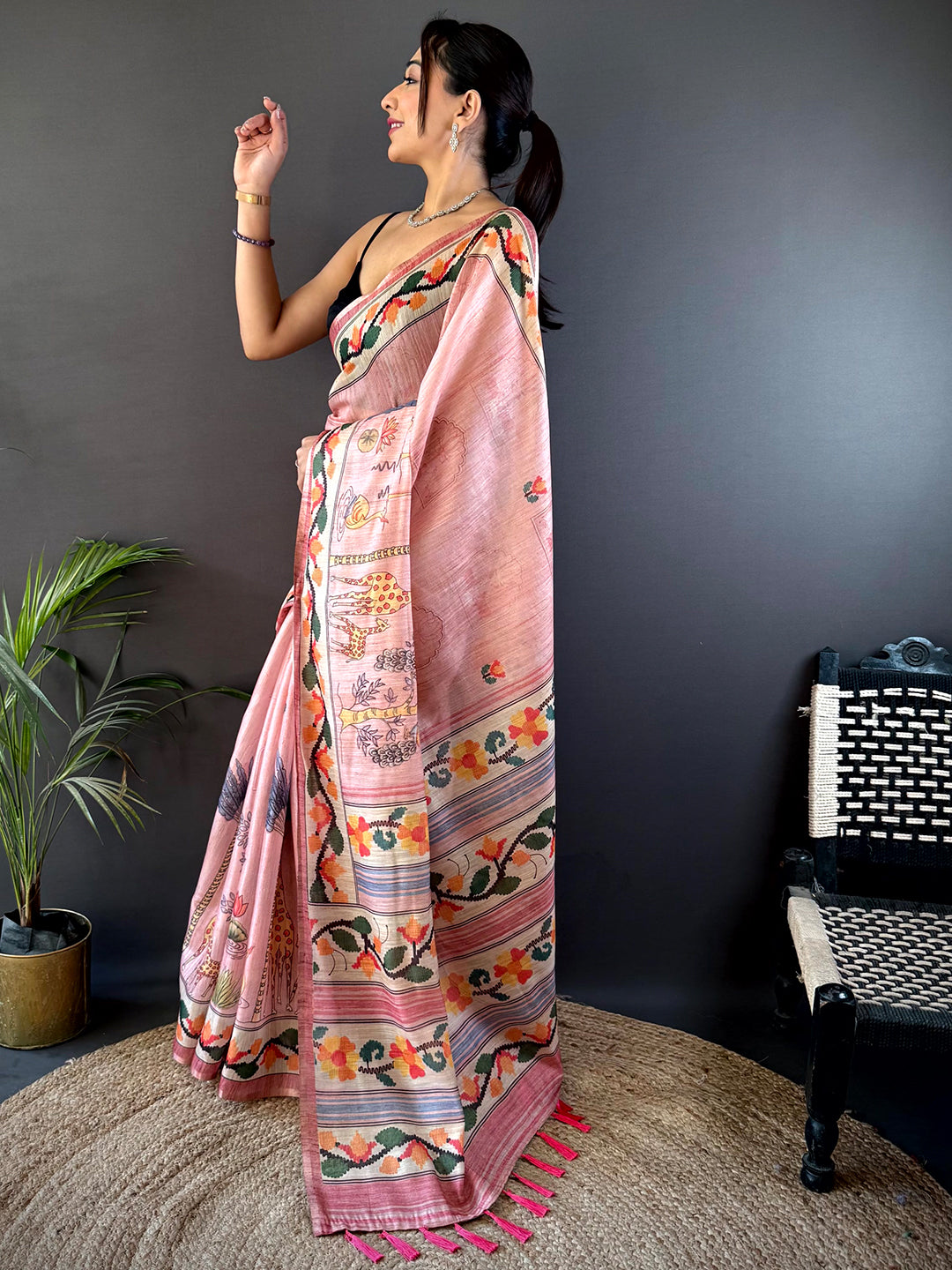 Crepe Pink Jungle Floral Zari Tissue Saree