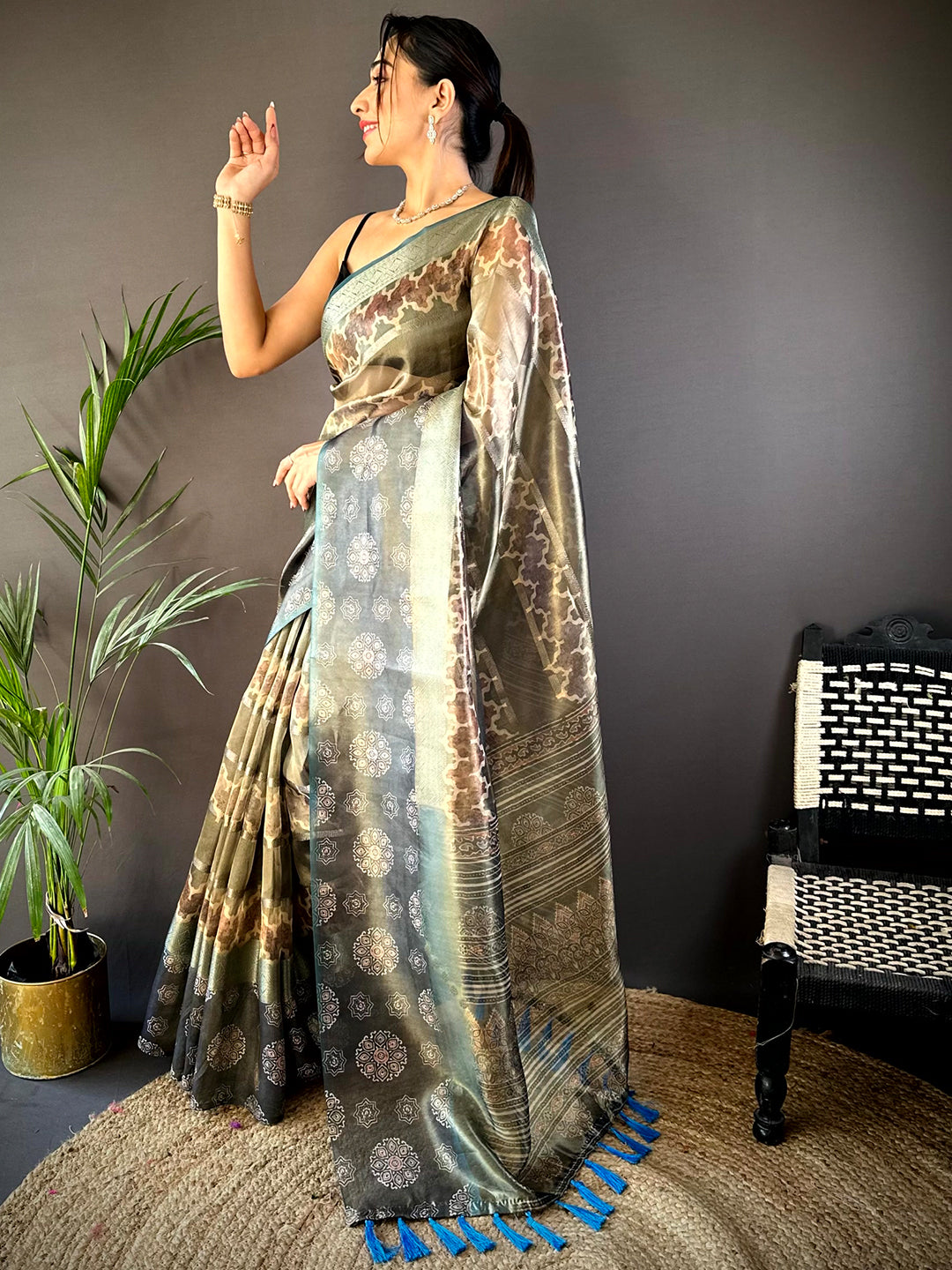 Light Green Tissue Striped Digital Printed Saree