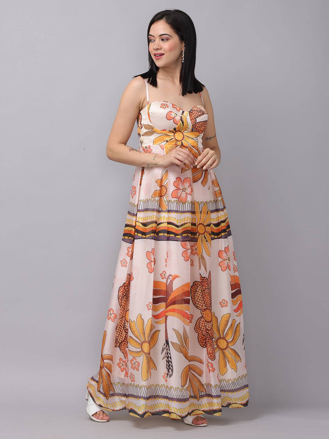 Off white chiffon print dress with floral design, front view