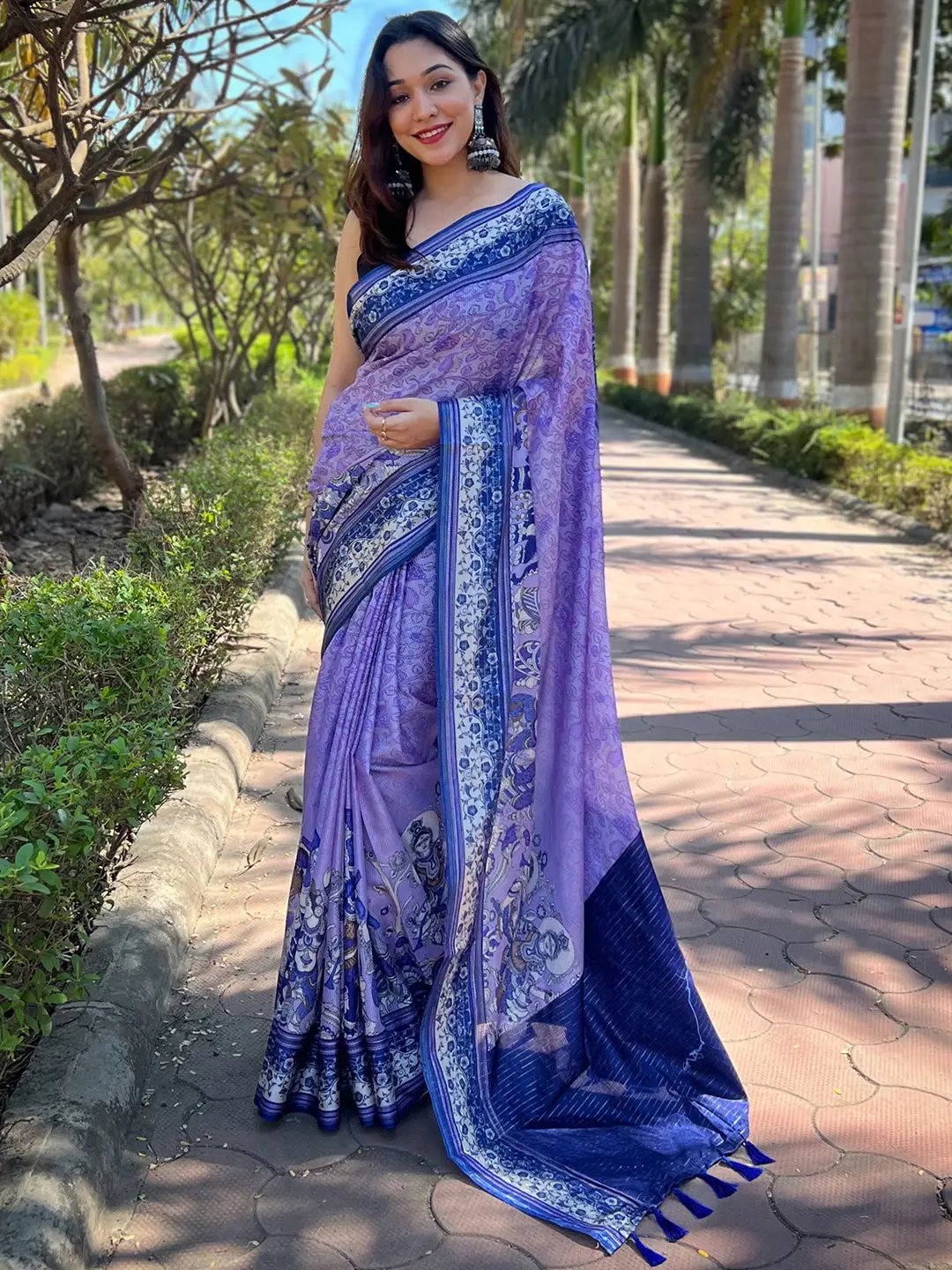 Purple Satin Kota Doria Saree with Kalamkari Print