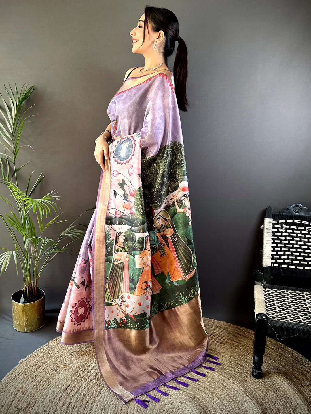 Lavender Soft Silk Tissue Pichwai Print Saree