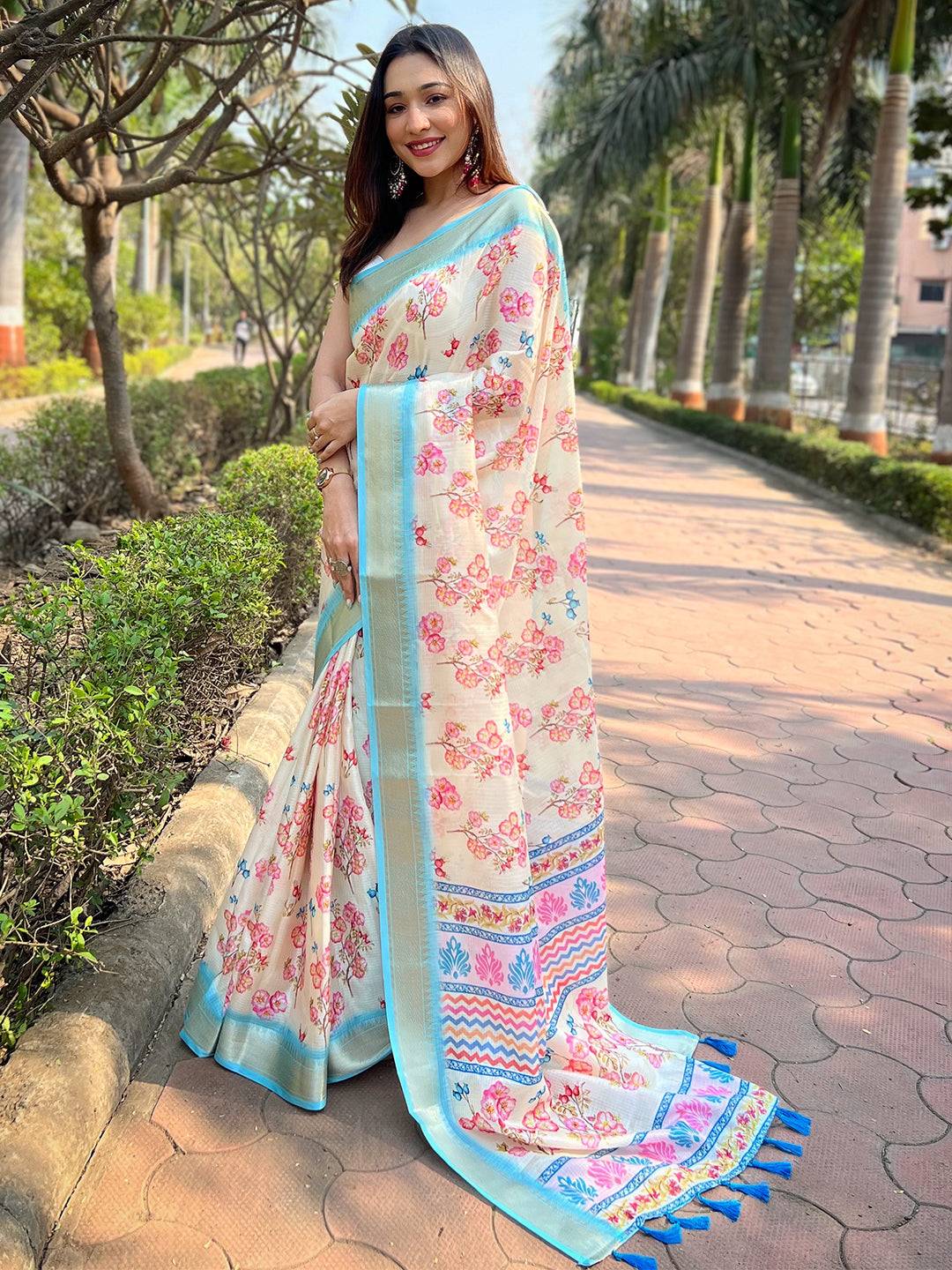 Cream Kota With Digital Floral Printed Saree