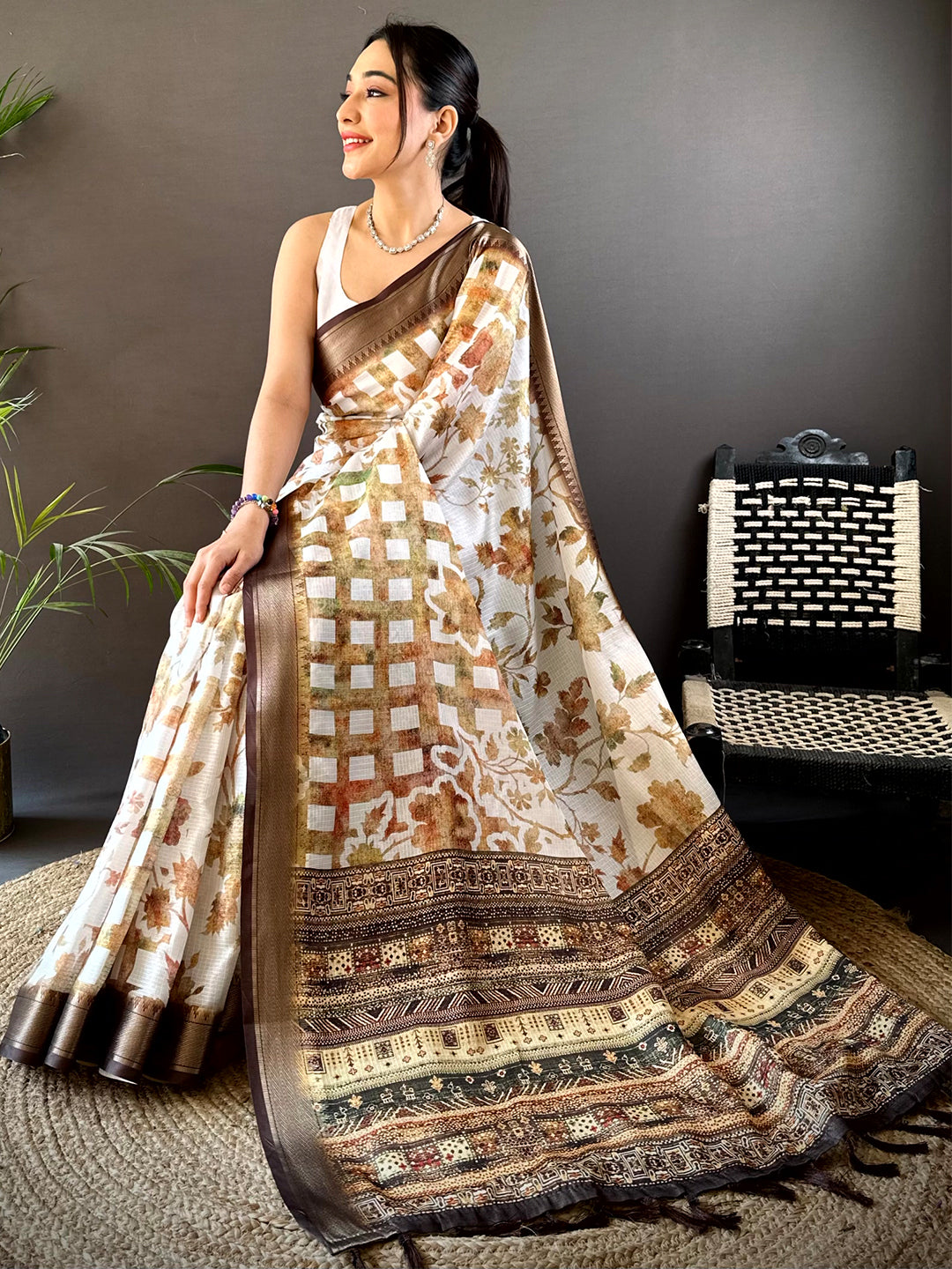 Coffee Brown Kota Doriya Floral Print Saree