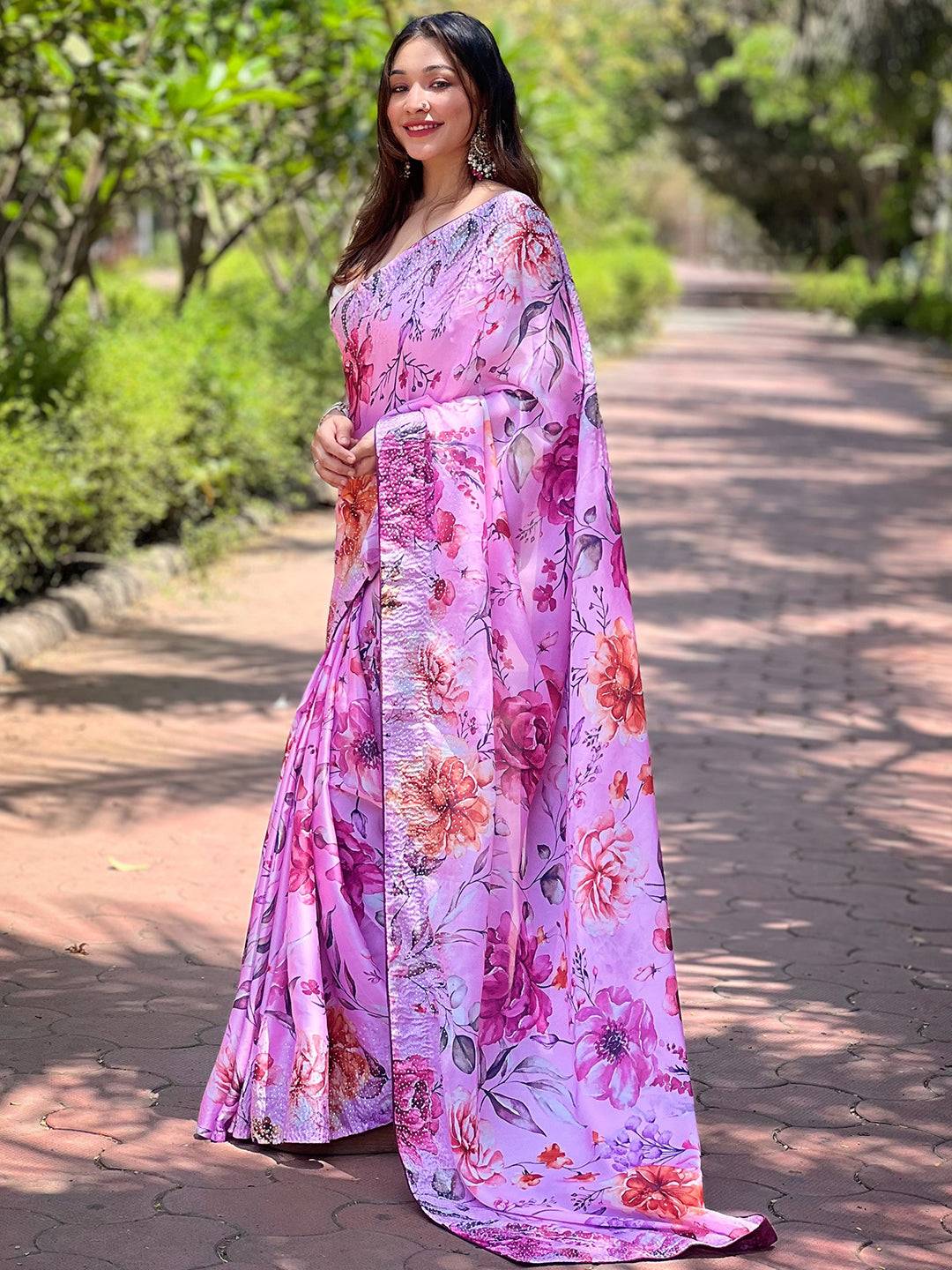 Full view of Satin Georgette Pink Floral Digital Print Saree