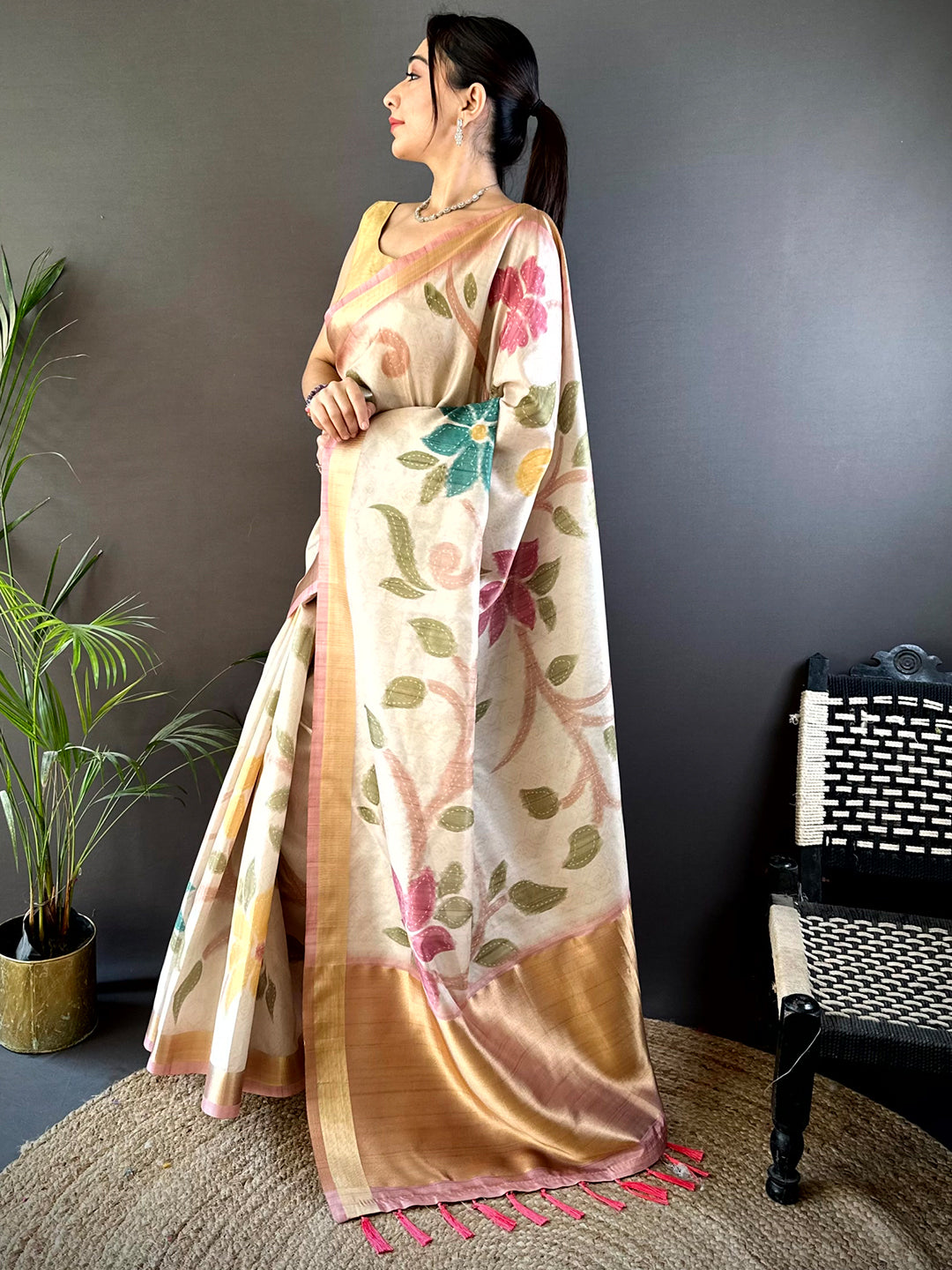 Cream Soft Silk Tissue Floral Print Saree