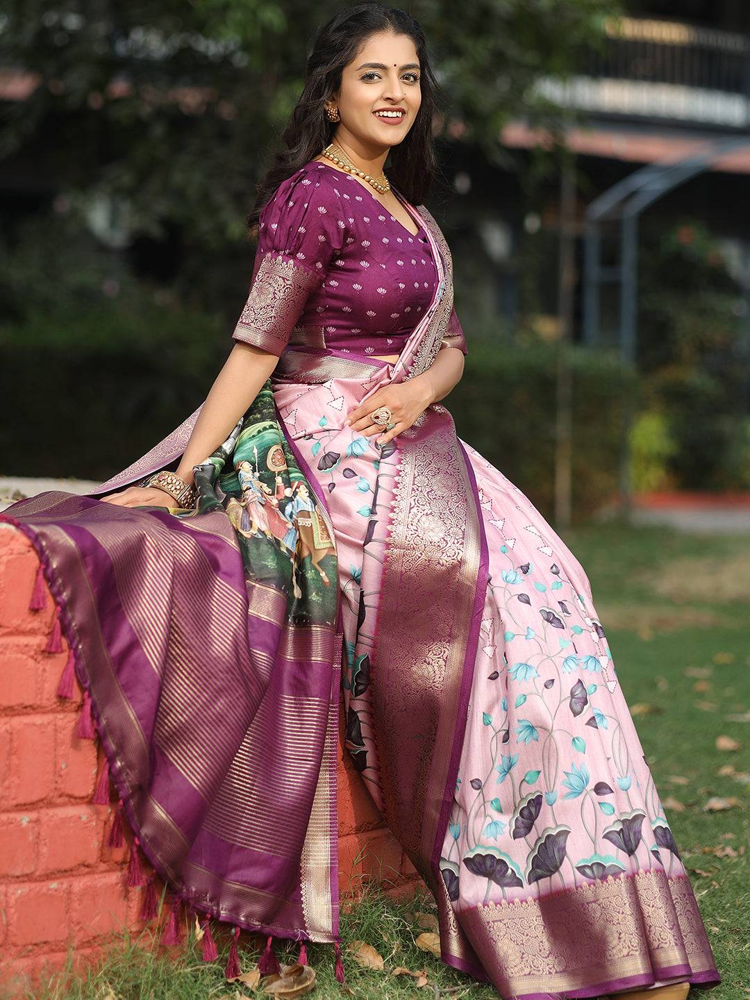 Viscose Dola Silk Pink Saree with Floral and Mughal Print